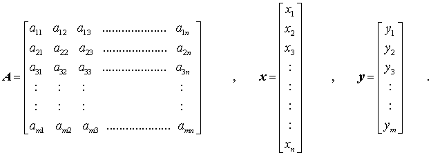mn-Matrix, n-dimensionaler Vektor x, m-dimensionaler Vektor y