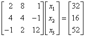 Beispiel eines kleinen linearen Gleichungssystems in Matrixschreibweise