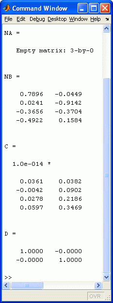 Ergebnis der Berechnung mit dem Matlab-Script zur Berechnung der "Nullraum-Basis" für zwei kleine Matrizen