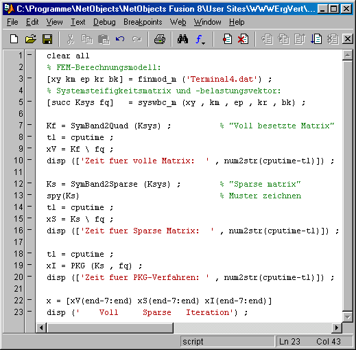 Matlab-Script zur Lösung eines linearen Gleichungssystems mit voll besetzter Matrix, mit "Sparse matrix" (direkte Verfahren) und mit einem iterativen Verfahren