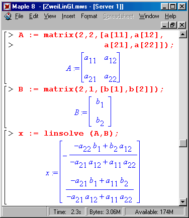 Lösung eines linearen Gleichungssystems mit Maple: Symbolische Rechnung